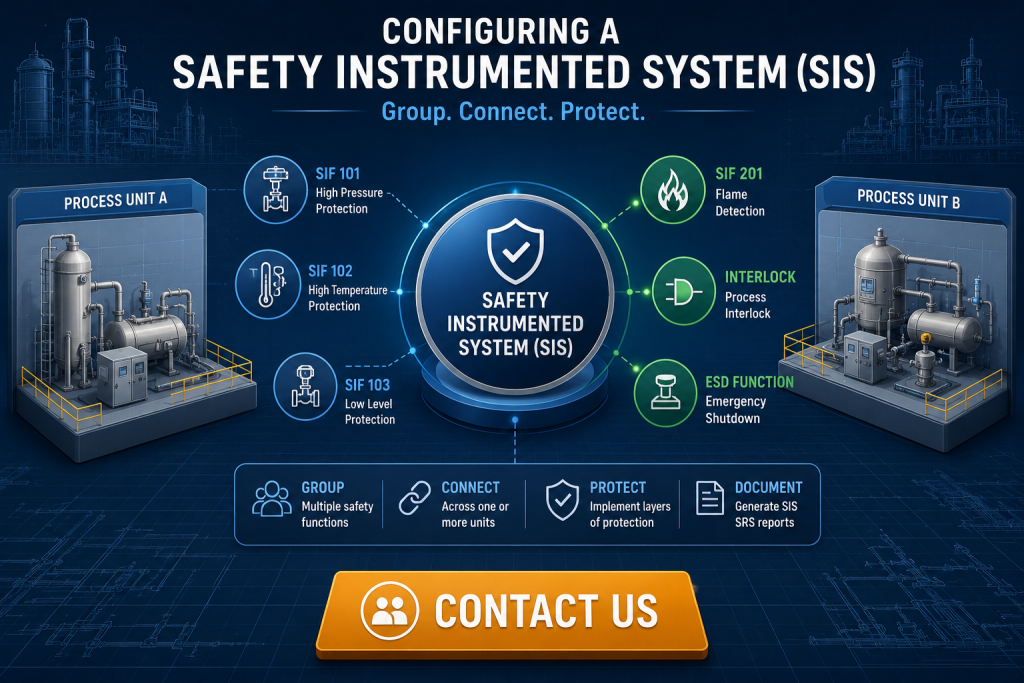 Configuring a Safety Instrumented System showing linked process units, safety instrumented functions, interlocks and emergency shutdown protection.
