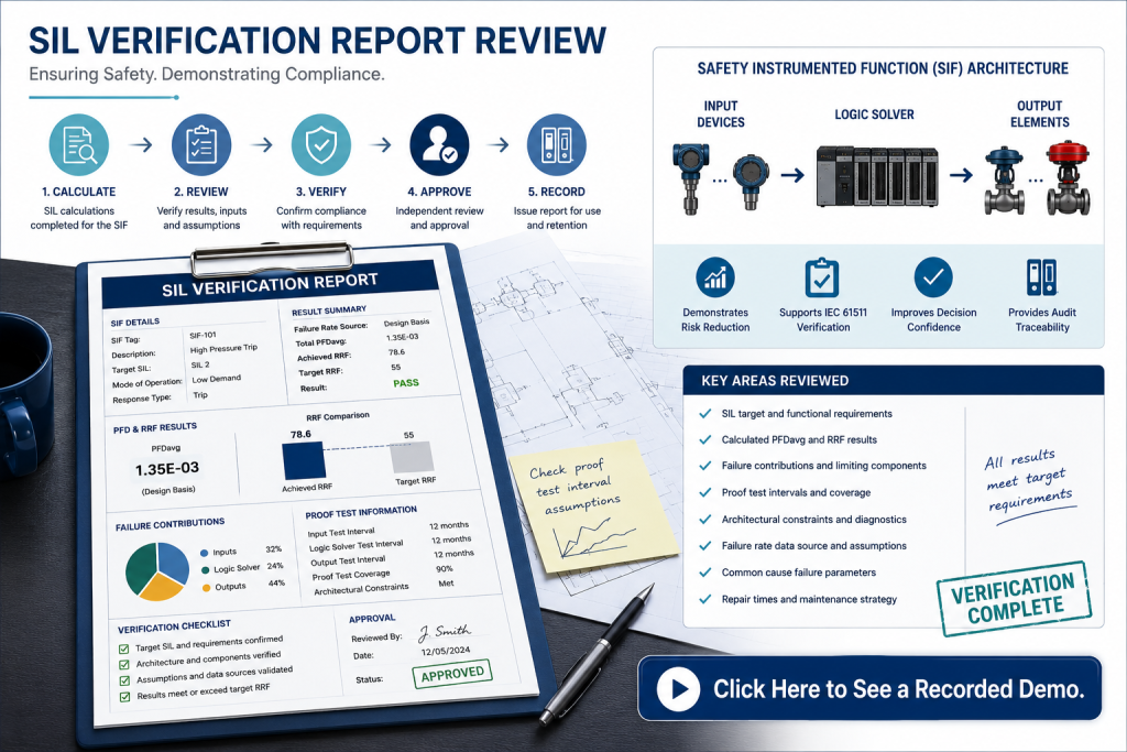 Engineering workflow showing the review, verification and approval of SIL Calculation Reports for a Safety Instrumented Function (SIF).
