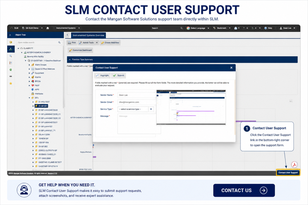Contact User Support feature in Safety Lifecycle Manager.