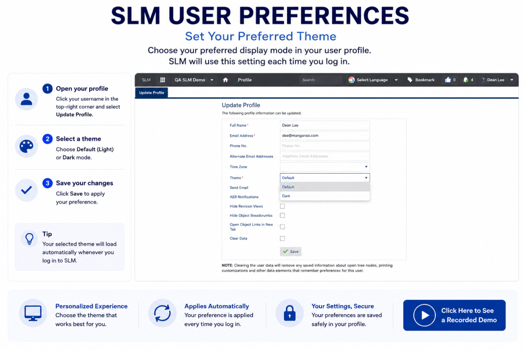 SLM dark mode user preferences showing theme selection and profile settings within Safety Lifecycle Manager