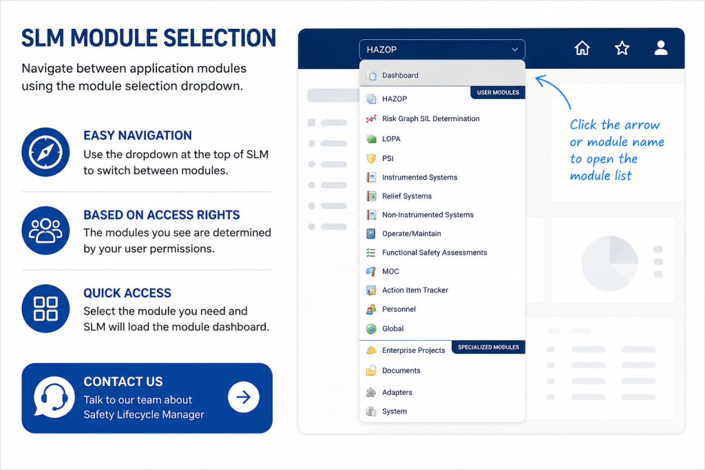 SLM module selection dropdown for navigating between modules