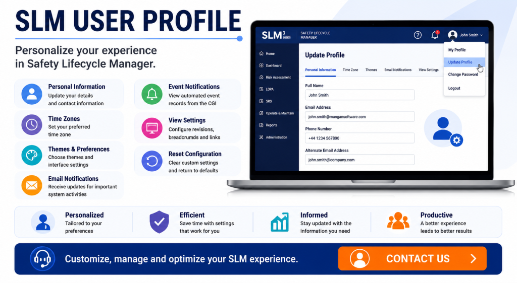 SLM user profile overview showing personal settings notifications themes preferences and account configuration within Safety Lifecycle Manager