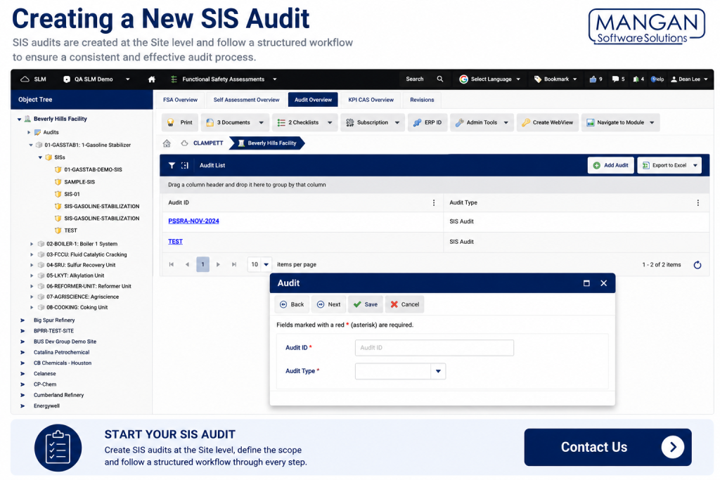 Creating a new SIS audit in the MSS Functional Safety Assessments Module.