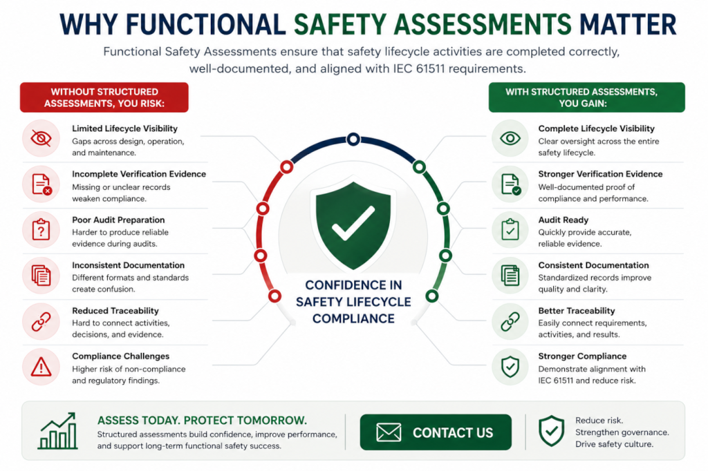 Functional Safety Assessment lifecycle compliance infographic showing IEC 61511 governance, audit readiness, lifecycle traceability, verification evidence, and operational compliance management with Contact Us button.
