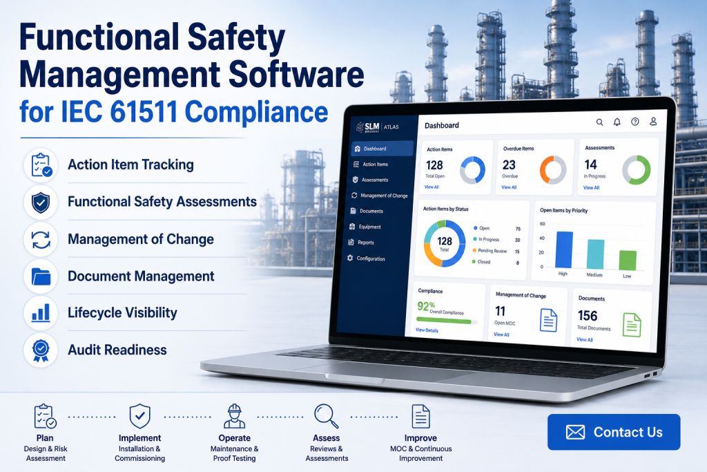Functional Safety Management Software for IEC 61511 Compliance showing action tracking, assessments, management of change, documentation, and lifecycle management workflows.