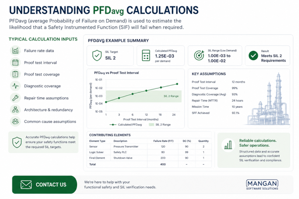 PFDavg SIL verification dashboard showing calculation inputs, proof test intervals, reliability assumptions, and IEC 61511 compliance tracking for safety instrumented functions.