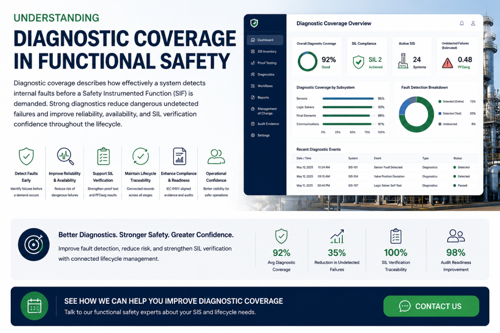 Understanding diagnostic coverage in functional safety infographic showing SIL verification metrics, fault detection monitoring, IEC 61511 lifecycle traceability, reliability improvement data, and Contact Us call-to-action button.