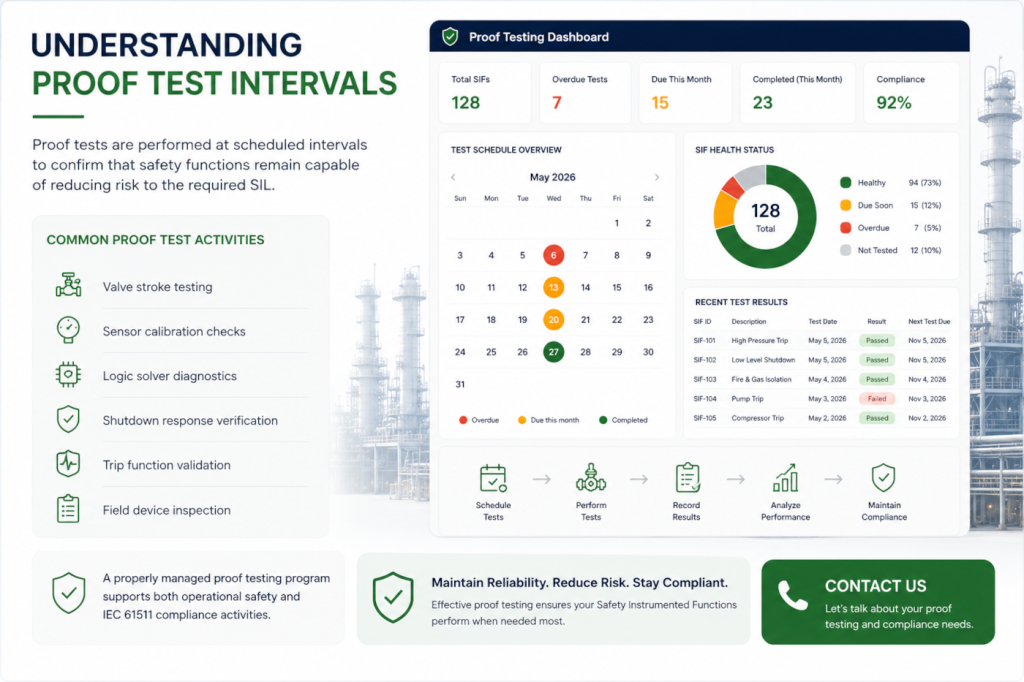 Proof testing interval management dashboard showing IEC 61511 compliance workflows, scheduled proof tests, SIL maintenance activities, shutdown validation tracking, and contact us CTA.