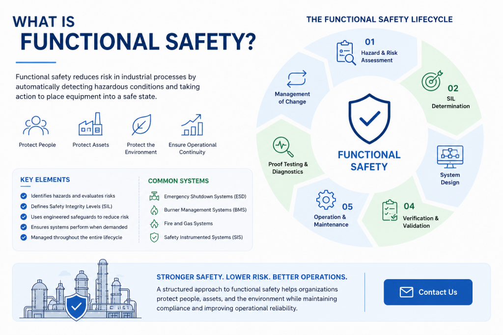 Functional safety infographic showing the safety lifecycle, SIL determination process, hazard assessment, system design, verification, and operational risk reduction.