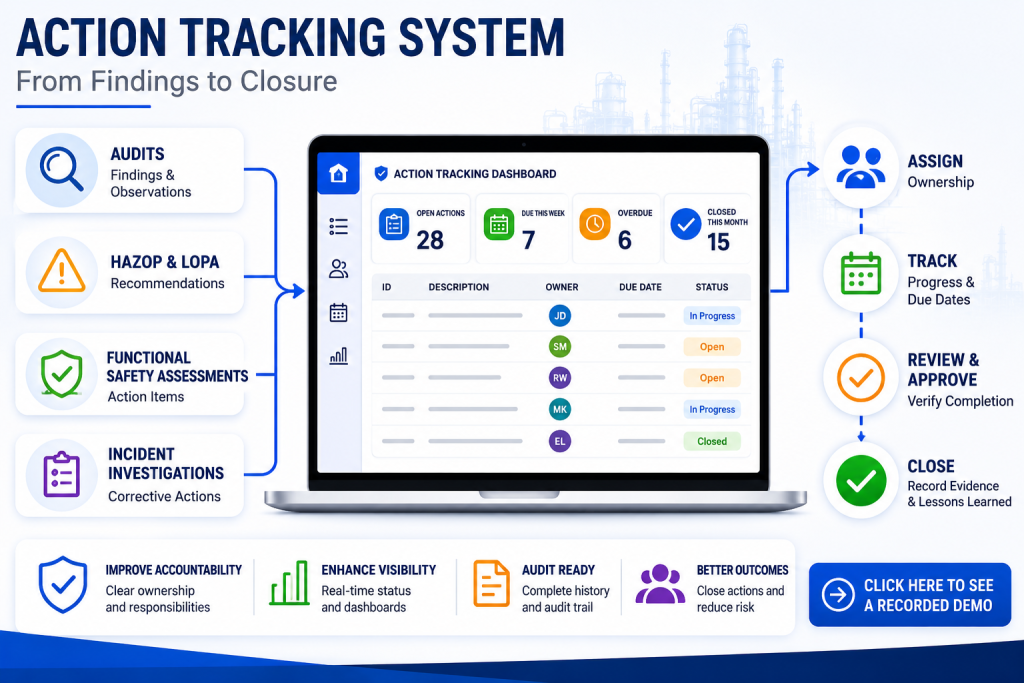 action tracking system showing corrective actions audit findings recommendations and compliance workflows