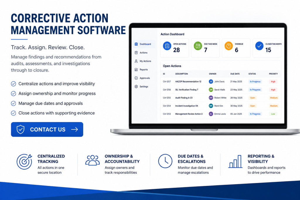 corrective action management software dashboard showing action ownership due dates status tracking and workflow management