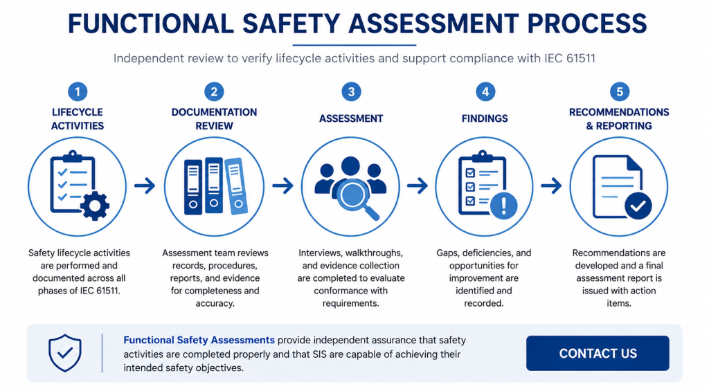 functional safety assessment process showing lifecycle review documentation assessment and compliance activities