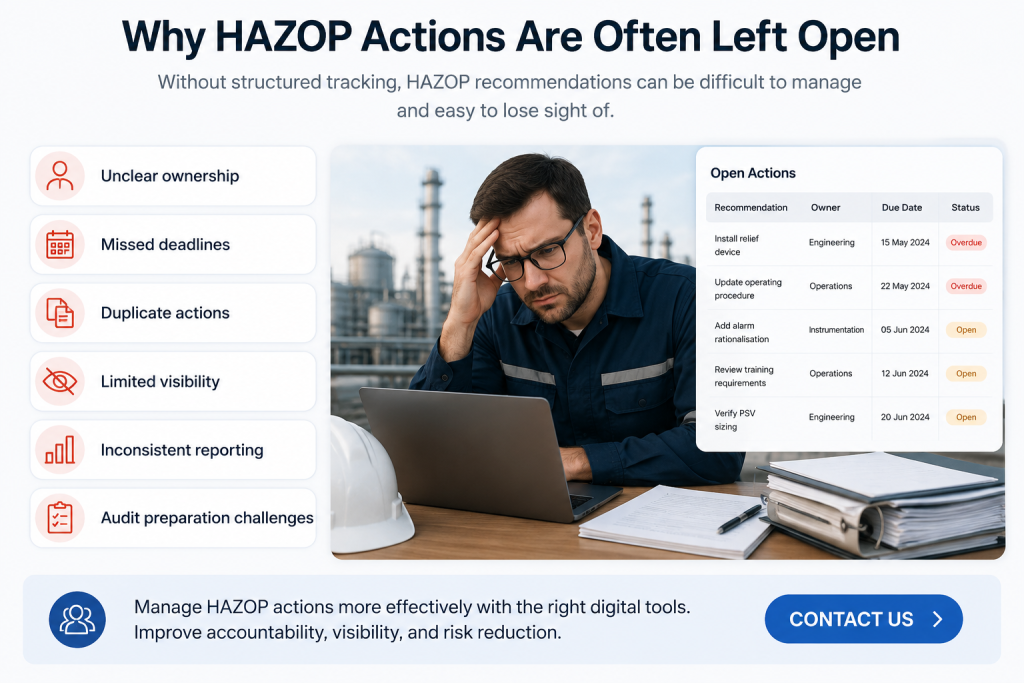 Why HAZOP actions are often left open infographic showing common challenges including unclear ownership, missed deadlines, duplicate actions, limited visibility, inconsistent reporting, and audit preparation difficulties, with a Contact Us call-to-action button for HAZOP action tracking software.