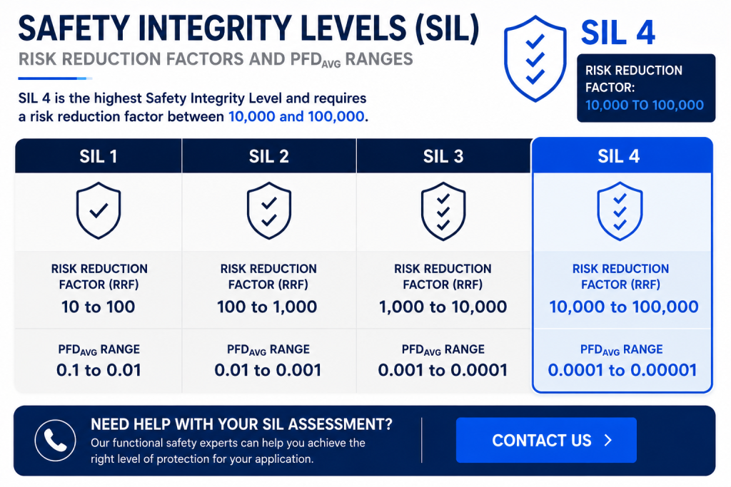 SIL 4 risk reduction factor chart showing SIL 4 requirements and PFDavg ranges