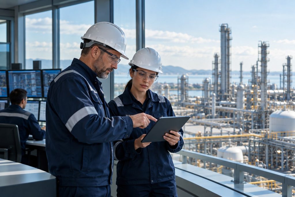 Engineers reviewing a tablet at an industrial facility during capital project execution