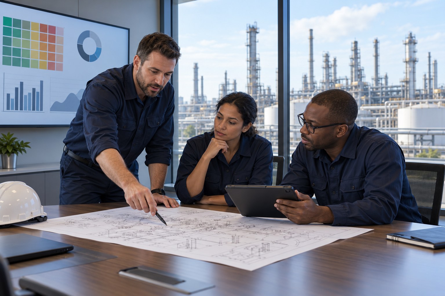 Illustrative engineering team reviewing shared risk information for the TotalEnergies case study